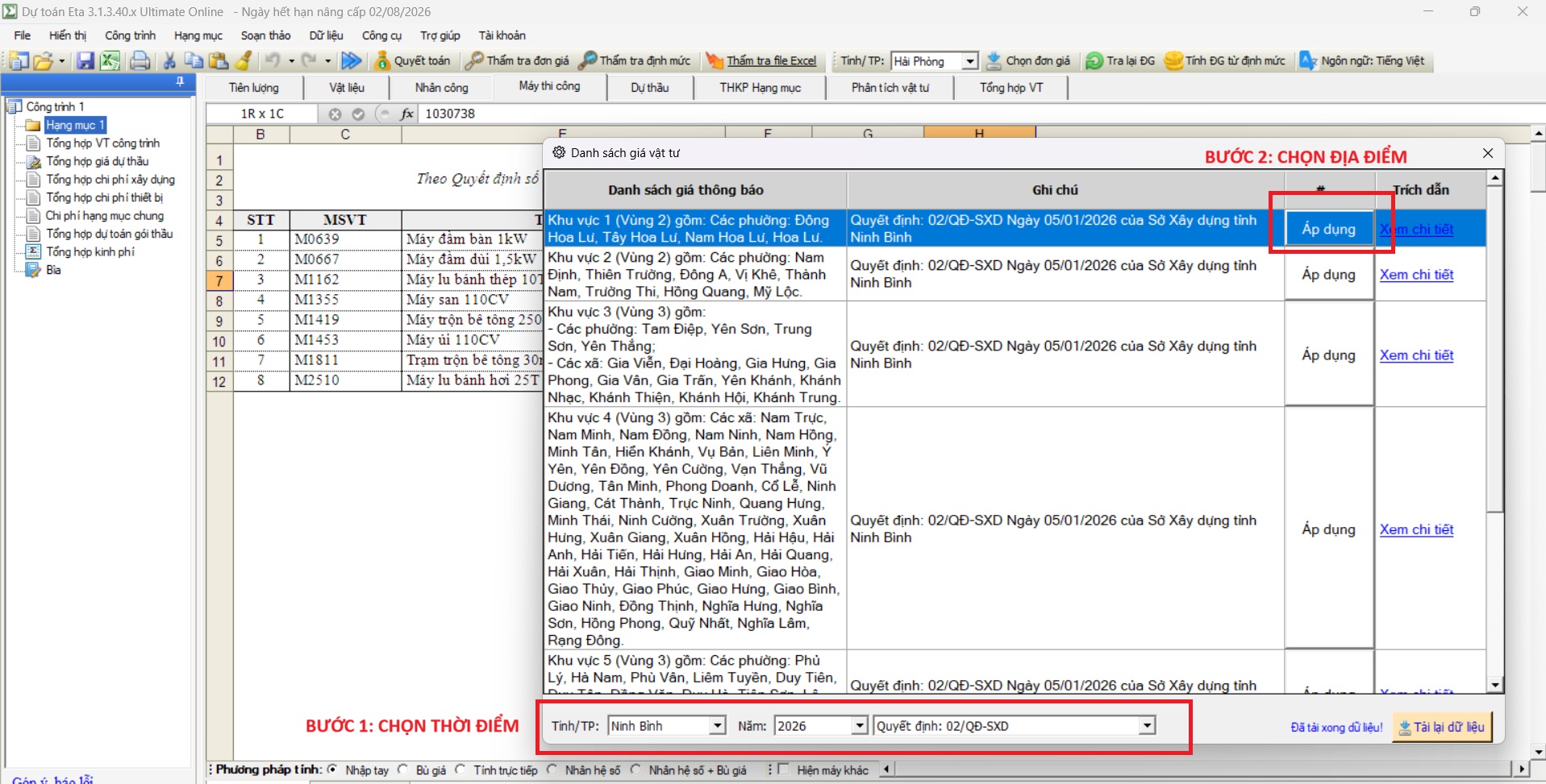 áp giá ca máy trên dự toán eta