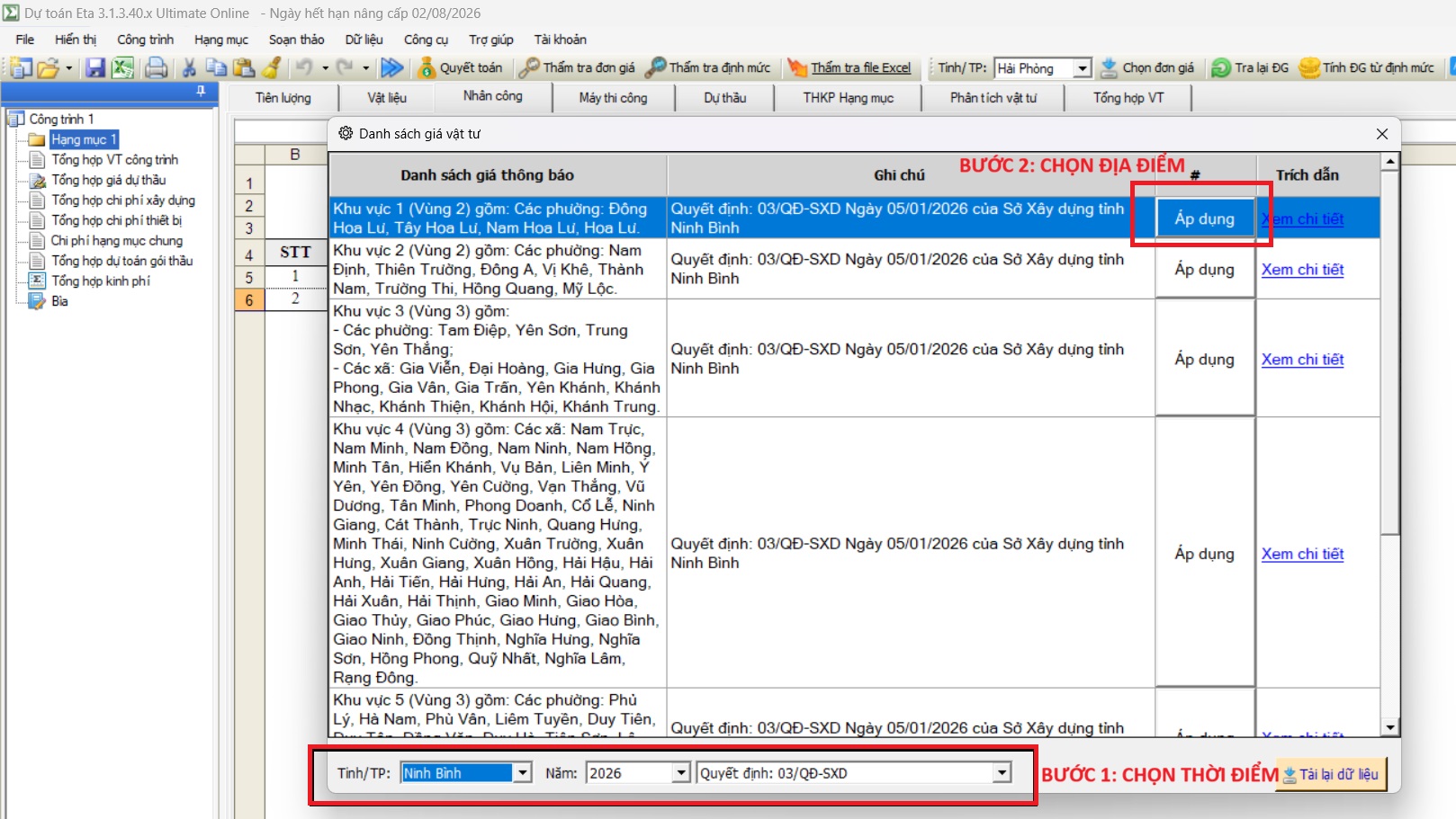 áp giá nhân công trên dự toán eta