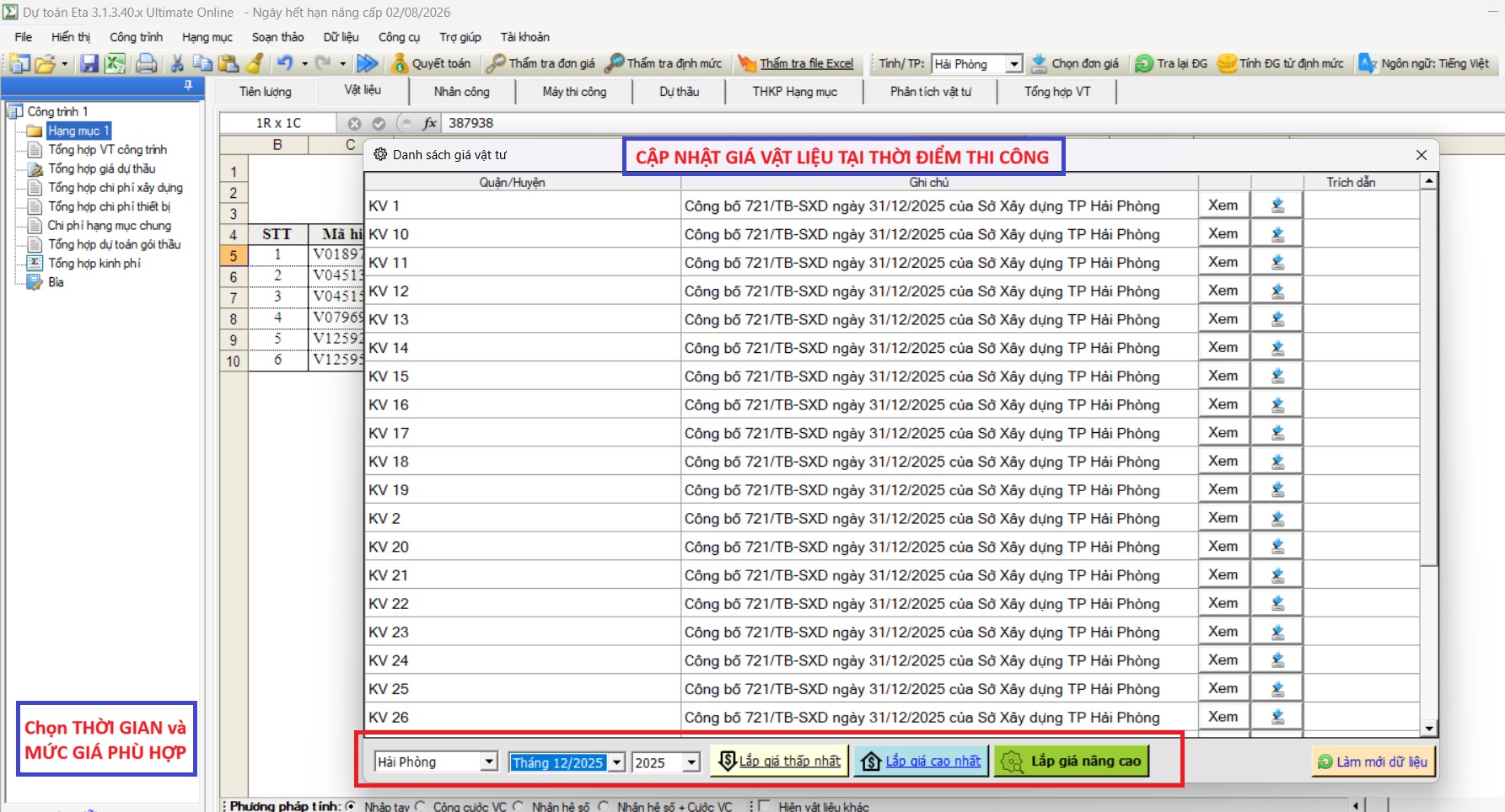 áp giá vật liệu trên dự toán Eta