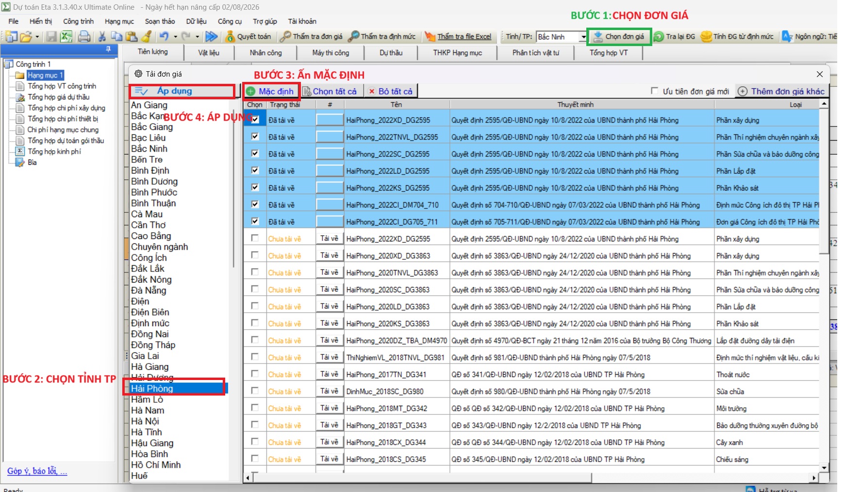 chọn đơn giá trên dự toán Eta