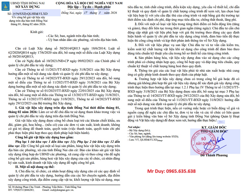 Công bố giá VLXD Đồng Nai tháng 2 năm 2026