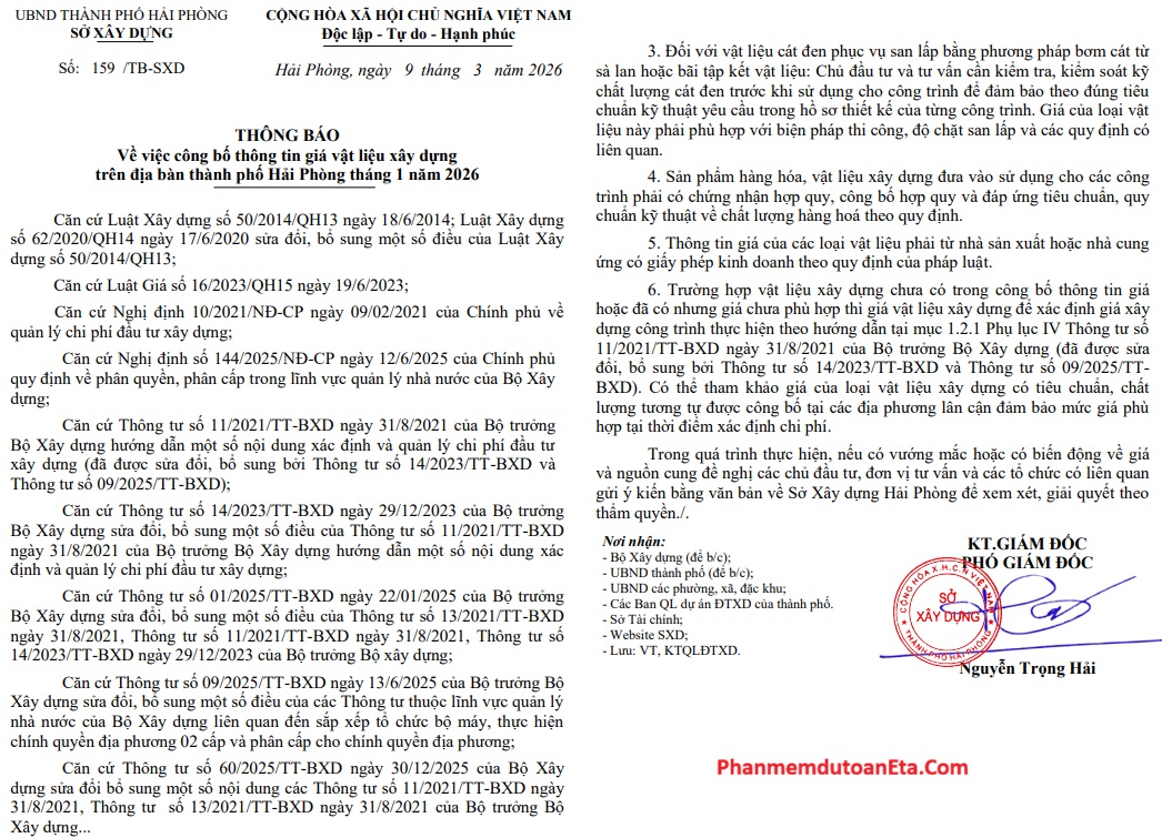 công bố giá VLXD Hải Phòng năm 2026