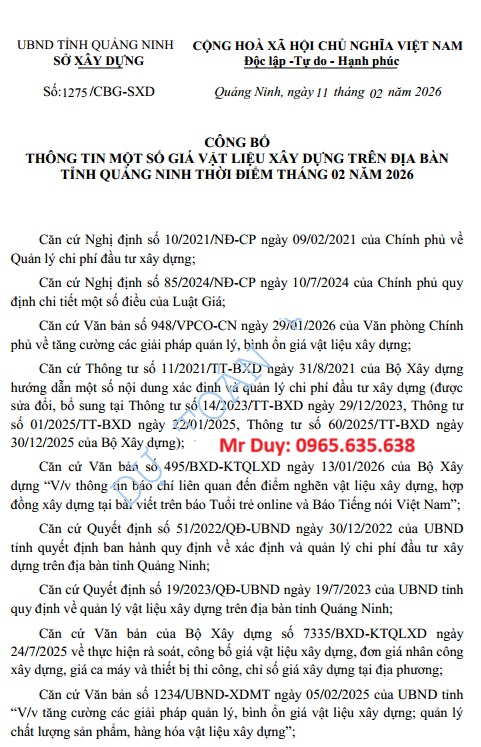 Công bố giá VLXD Quảng Ninh tháng 2 năm 2026