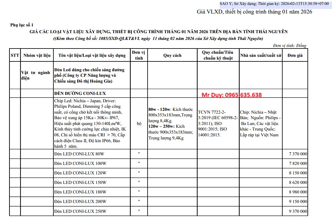 Công bố giá VLXD Thái Nguyên tháng 2 năm 2026