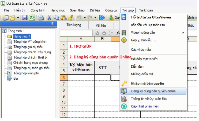 đăng kí phần mềm dự toán eta bản quyền