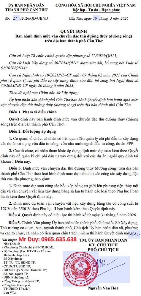 Quyết định 27/2026/QĐ-UBND Định mức vận chuyển đường thủy Cần Thơ