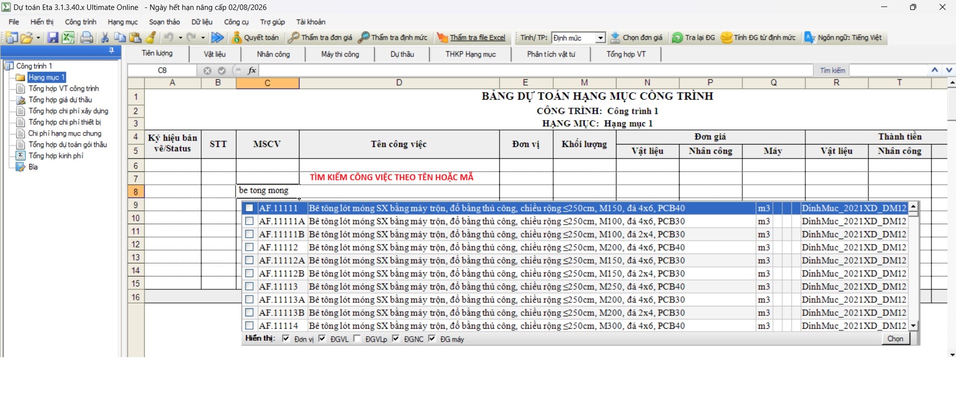 tìm kiếm công việc dự toán eta