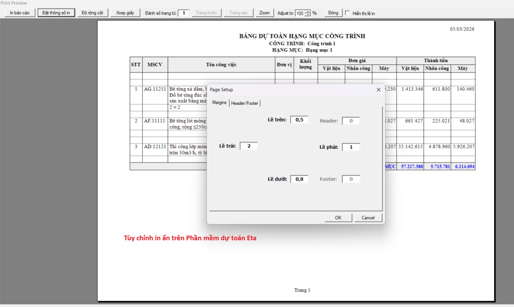 tùy chỉnh in ấn trên dự toán Eta